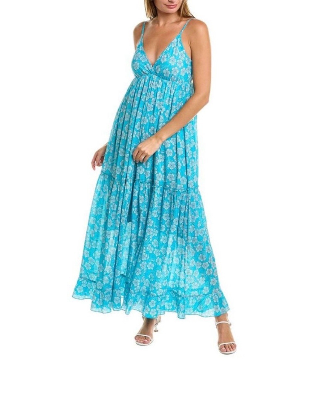 Ro’s Garden Blue Hawaii Floral V-Neck Spaghetti Strap Maxi Dress